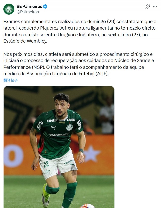 PG电子网站-战英格兰受伤，帕尔梅拉斯官方：乌拉圭后卫皮克雷斯脚踝韧带撕裂